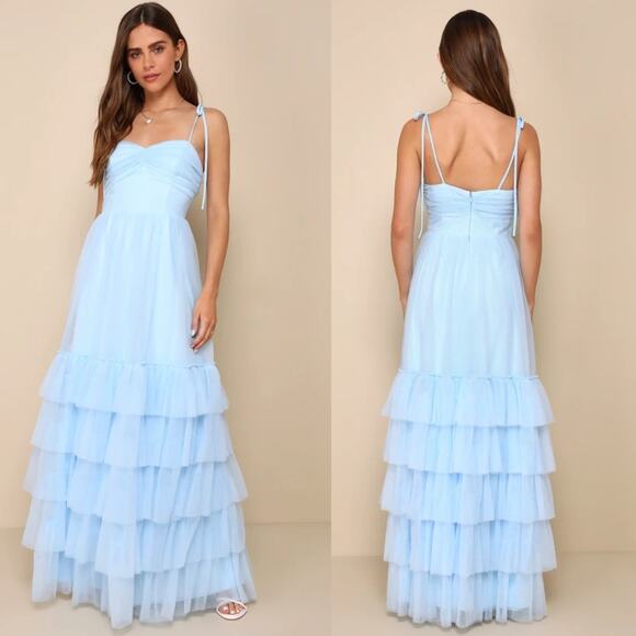 NWT Lulus Endlessly Darling Light Blue Mesh Tiered Tie-Strap Maxi Dress Size M - Picture 1 of 7